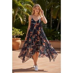 Enfocus Midi Slip Dress Birds Of Paradise Tropical Boho Chic Floral Flowy Size 4
